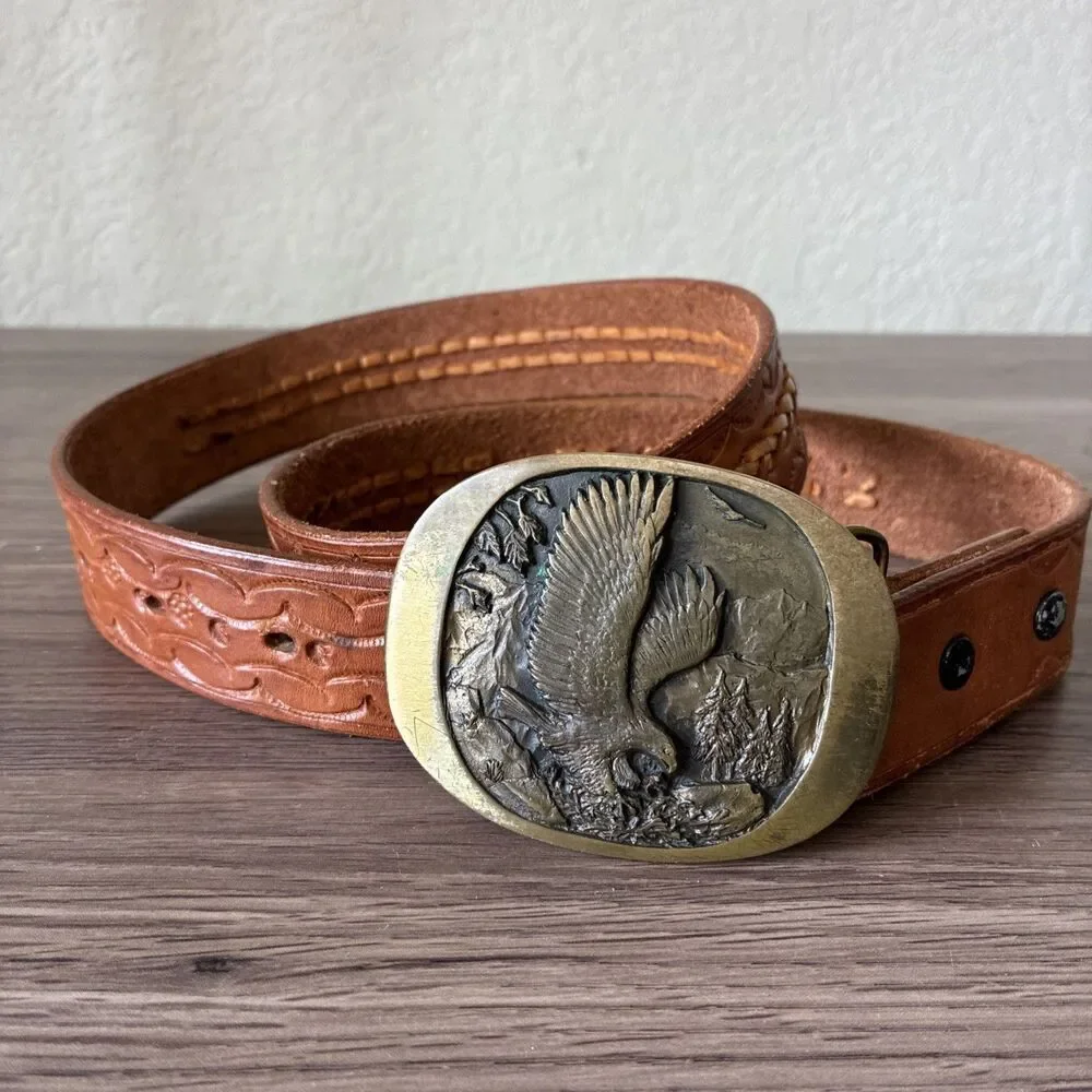 VTG High Mesa American Eagle Solid Bronze Belt Buckle & Leather Belt, Size 36
